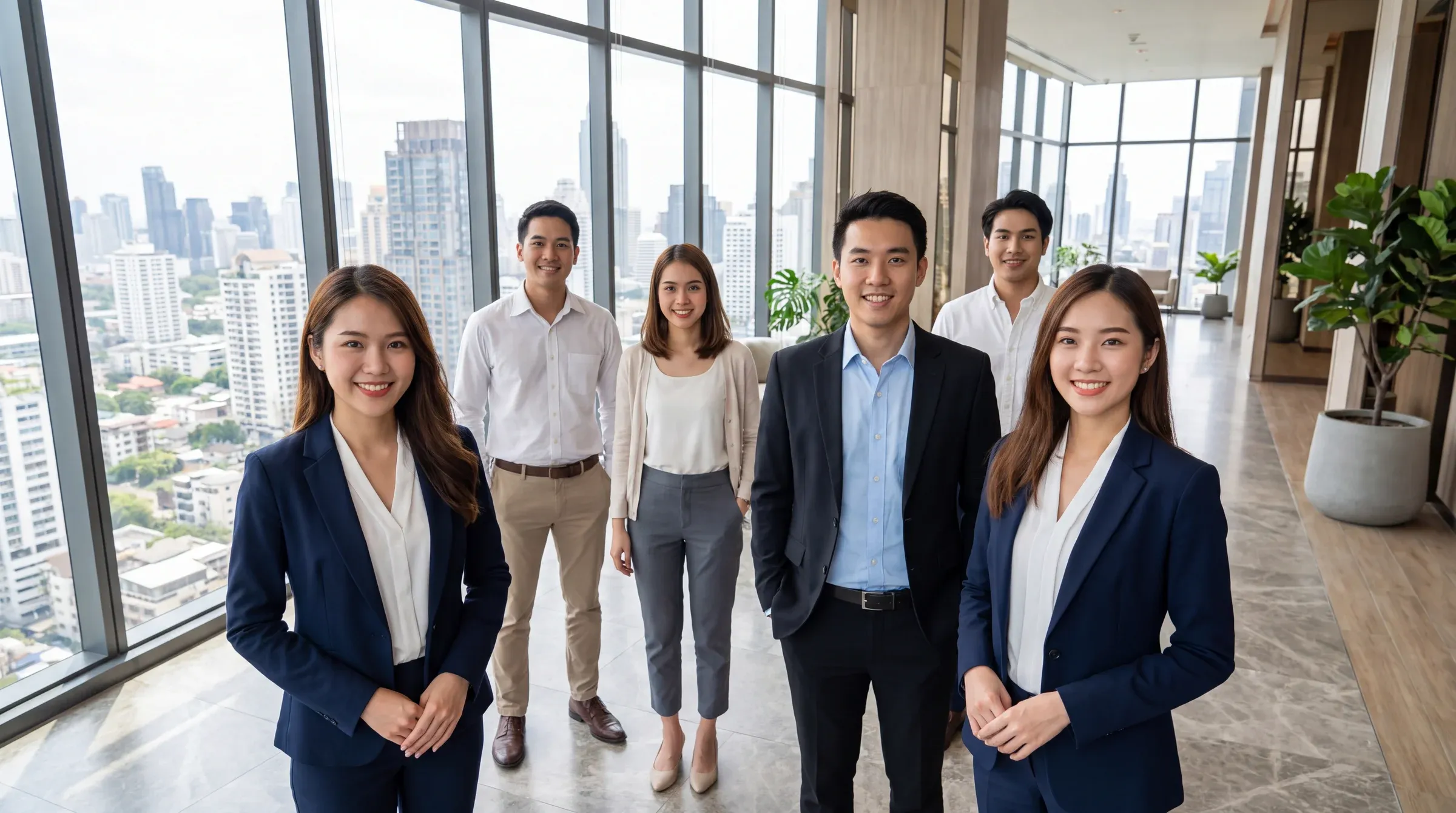 DreamAxis multilingual team of six standing together in a bright Bangkok condo lobby
